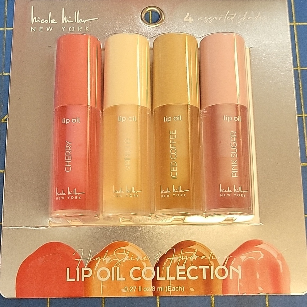 Nicole Miller Lip Oil Set of 4 - Cherry, Vanilla, Coffee, Pink New Sealed Pkg